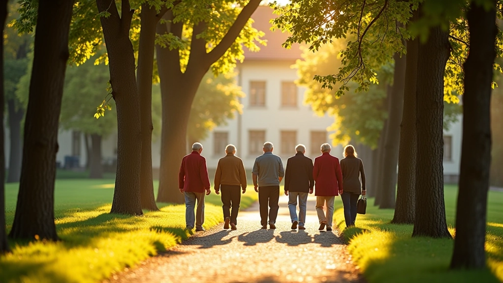Grupė žmonių pasivaikščiojant aplink vienuolyno sodus, saulėtas oras, žalios medžiai aplinkui